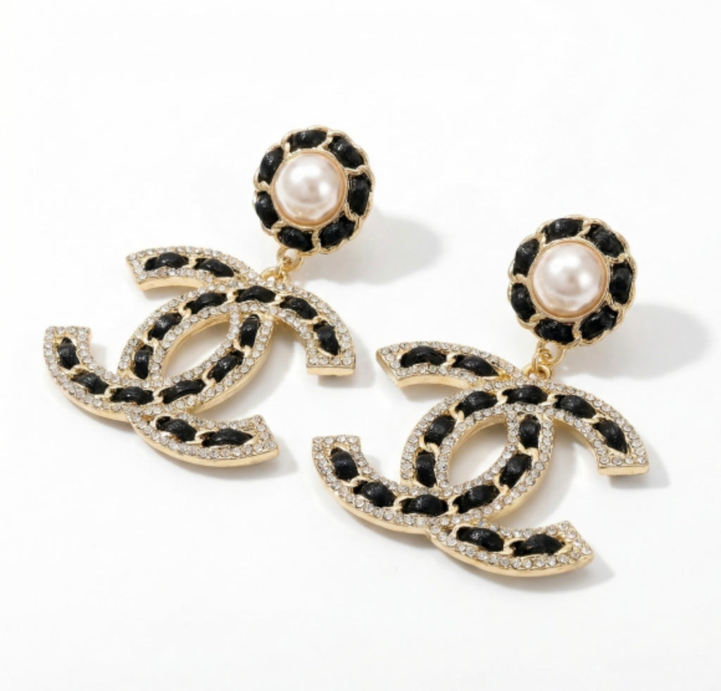 Chanel Black Leather Pearl Earrings